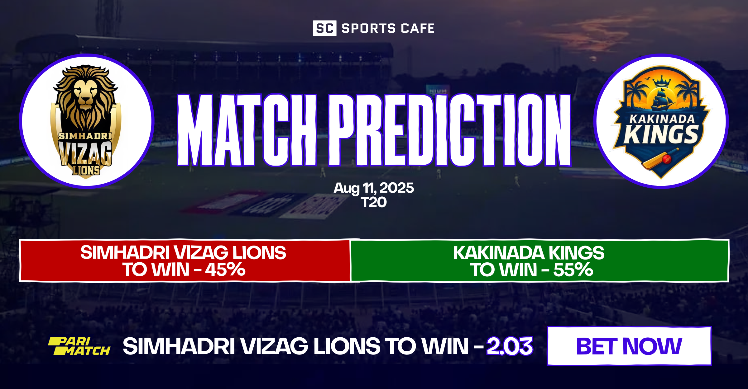 Simhadri Vizag Lions vs Kakinada Kings match prediction.